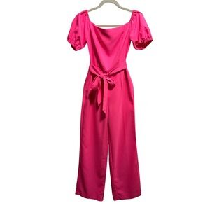 Lilly Pulitzer Jumpsuit Hot Pink Off Shoulder Puff Sleeve Wide Leg Tie size 00